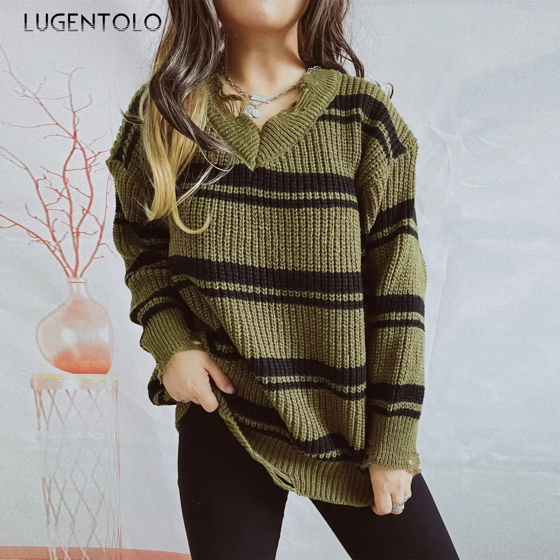 

Women V-neck Hole Sweaters Loose Knitted New Autumn Winter Stripe Lady Casual Long Sleeve Pullover Clothing Lugentolo