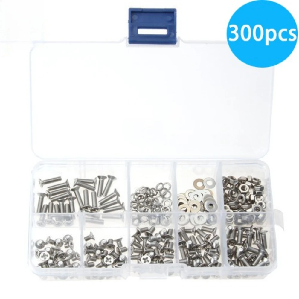 300Pcs Box 304 Stainless Steel Disc Head Cross Machine Screws M3 Screw Nuts Bolts and Spring Washer Hardware Assortment DIN933