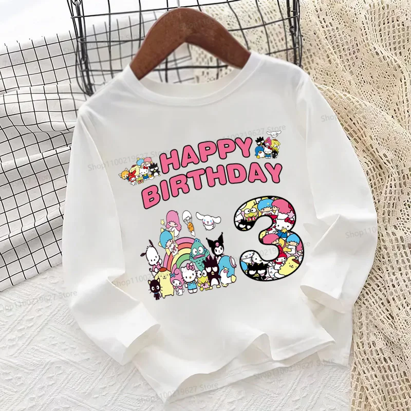 

Sanrio Hello Kitty And Friends Print Kids T shirt 1 2 3 4 5 6 7 8 9 Years Birthday Long Sleeve Girls Clothes Baby Boys T-Shirts