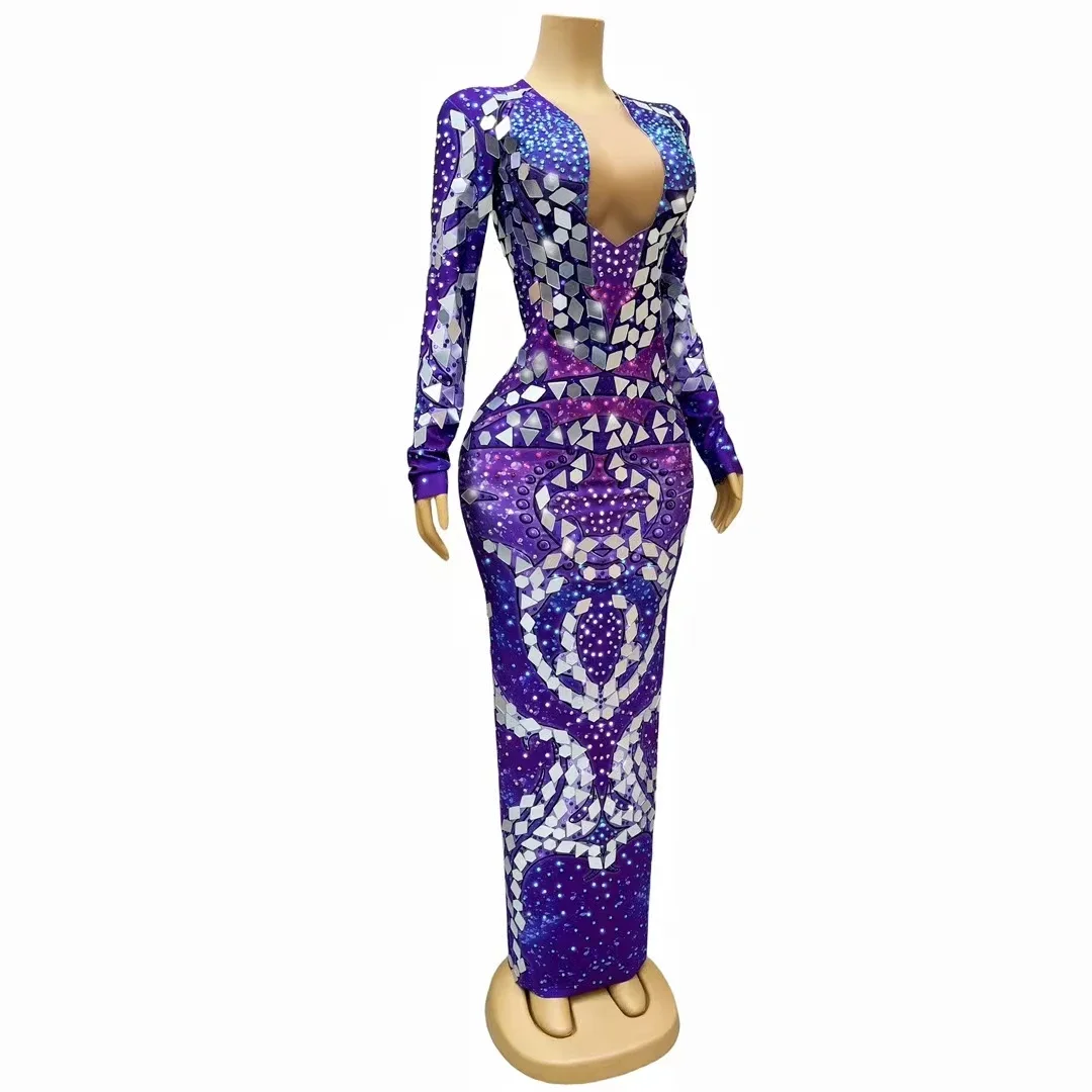 Robe longue à paillettes miroir violet strass pour femmes, modèle de chanteur, célébration de soirée, Costume de bal, robe de séance Photo de célébrité