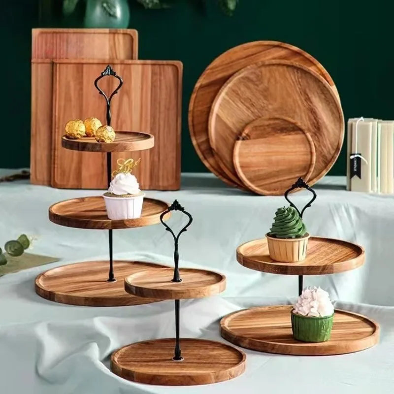 Simple Double-layer Dried Fruit Tray Living Room Fruit Storage Tray Three-layer Candy Dim Sum Tray Multi-layer Wood Tray