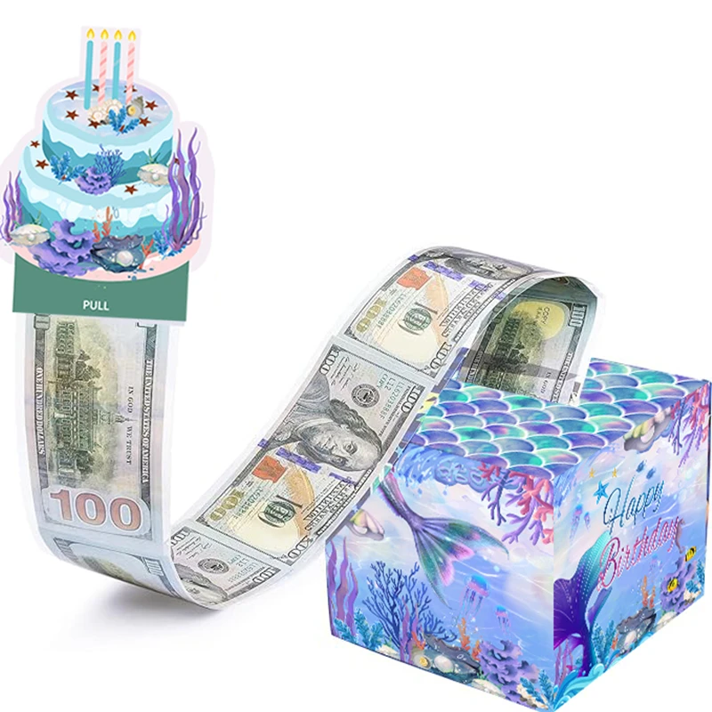 Mermaid Party Birthday Money Box for Cash Gift Surprise Money Gift Boxes for Kids Adults with Pull Out Happy Birthday Day Card