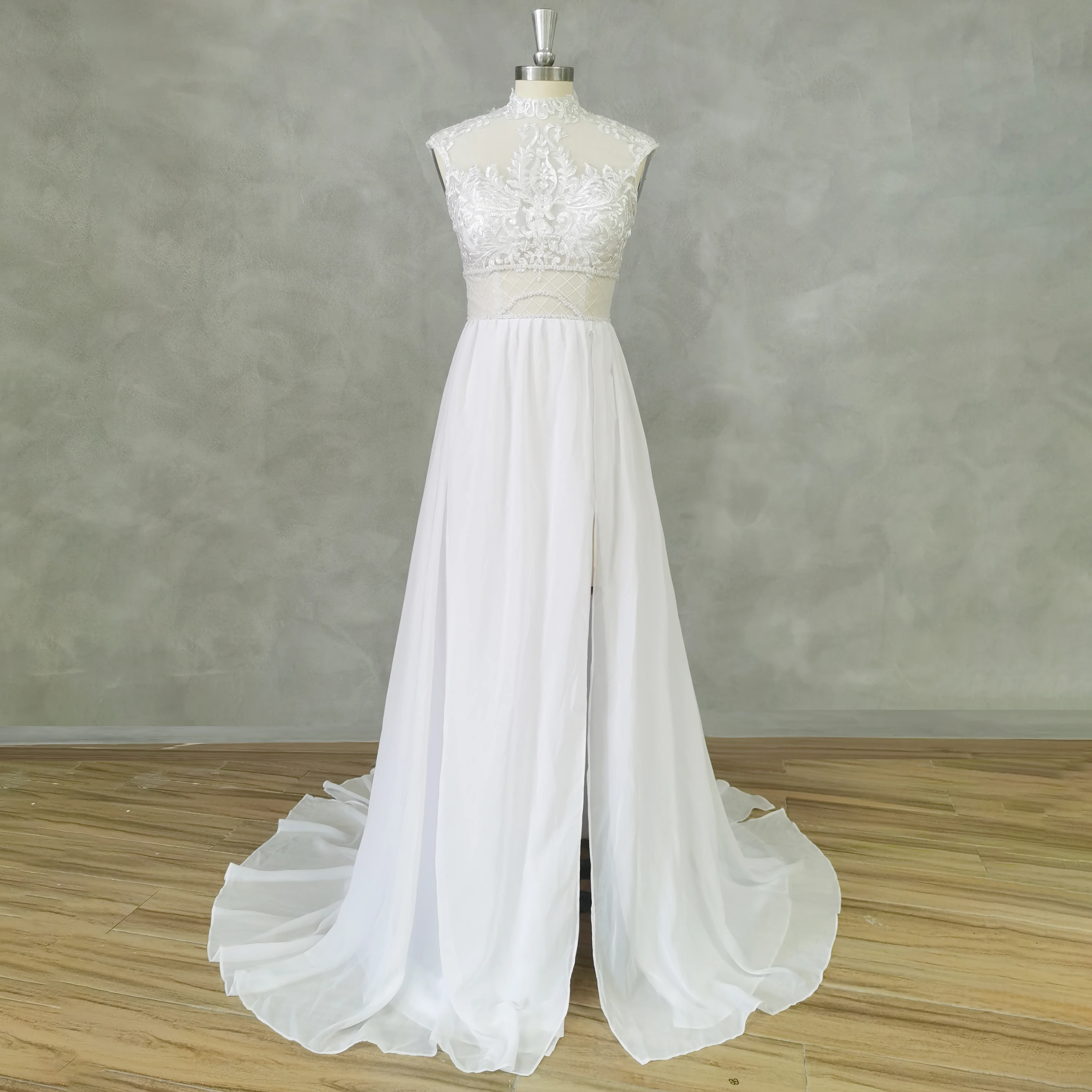 DIDEYTTAWL Real Picture Sleeveless High Side Slit Boho Wedding Dress High Neck Appliques Court Train A-Line Bridal Gown