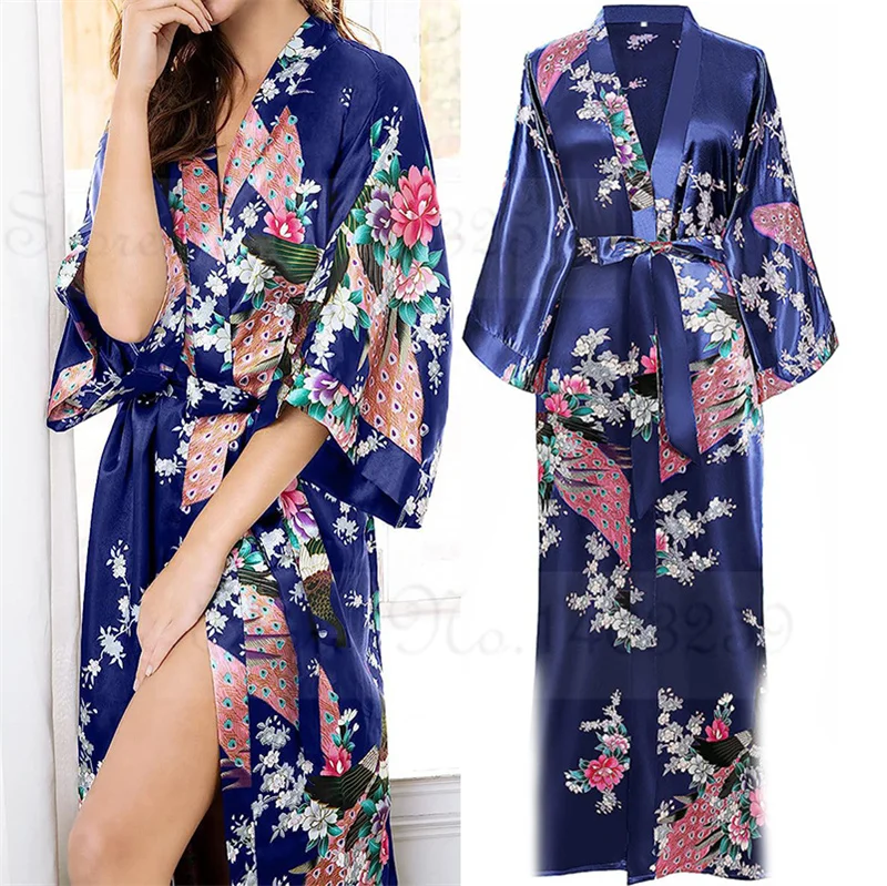 Plus Size Women Long Robe Nightgown Print Peacock Flower Kimono Bathrobe Gown Summer Satin Sleepwear Home Dress Loose Loungewear