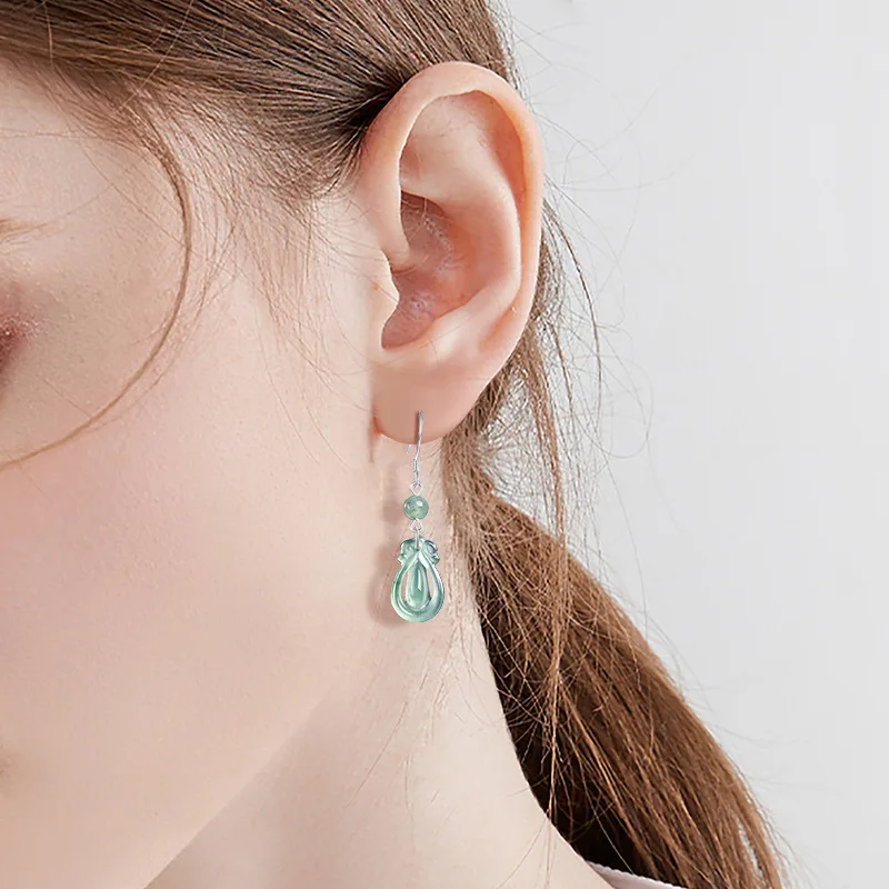 Natural A-grade Jade Blue Water Ancient Style Water Droplet Earrings S925 Silver Ice Jade Fashionable Women's Jewelry Drop Ship 5