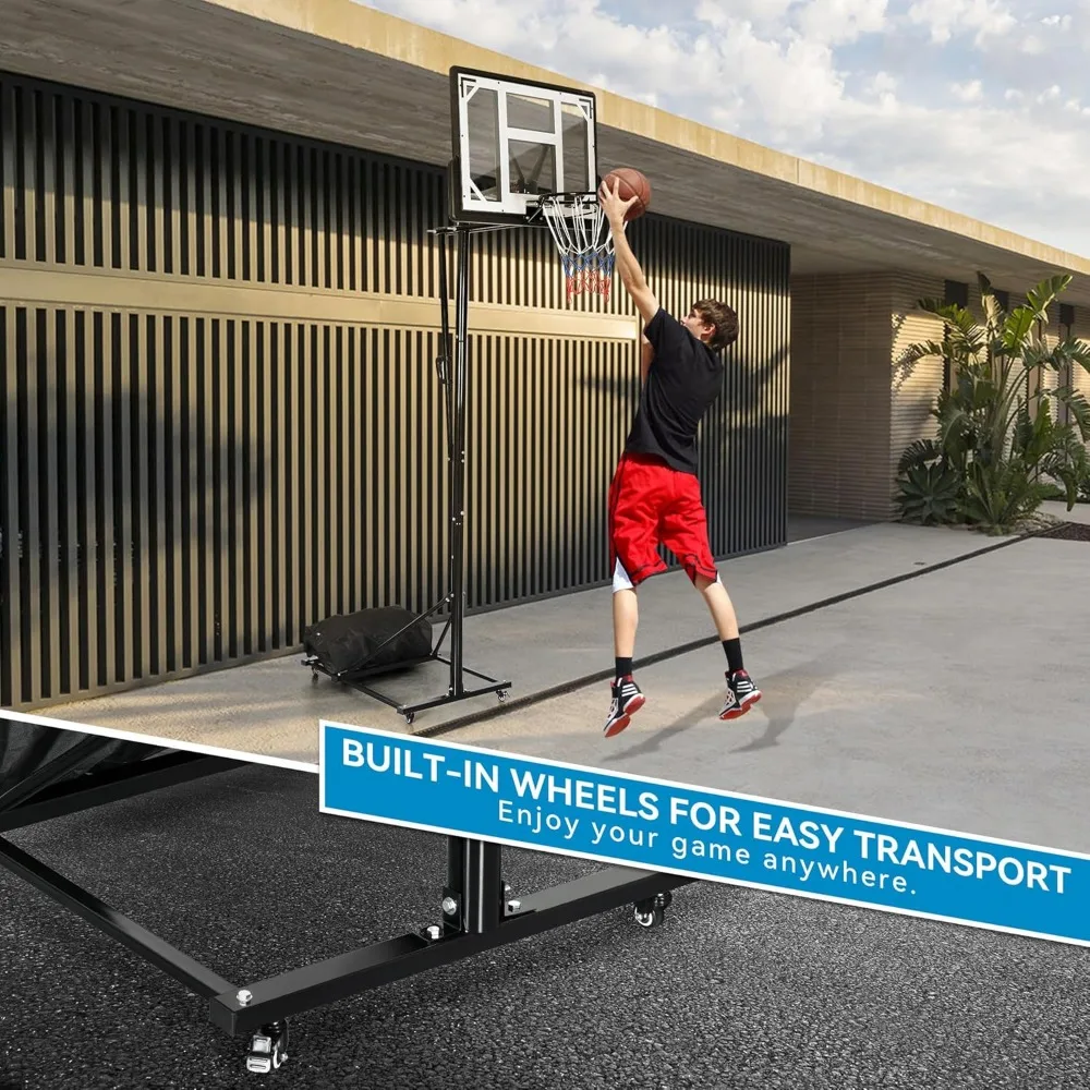 Adjustable Outdoor Portable Basketball Hoop with Iron Base, 4 Wheels for Mobility, 4.5-10FT Easy Height Adjustment, Suitable for