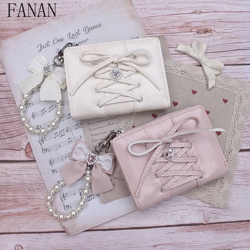 

Женский милый милый кошелек ручной работы в японском стиле, сумка с галстуком-бабочкой и стразами, кулон в форме сердца, маленький кошелек для девочек