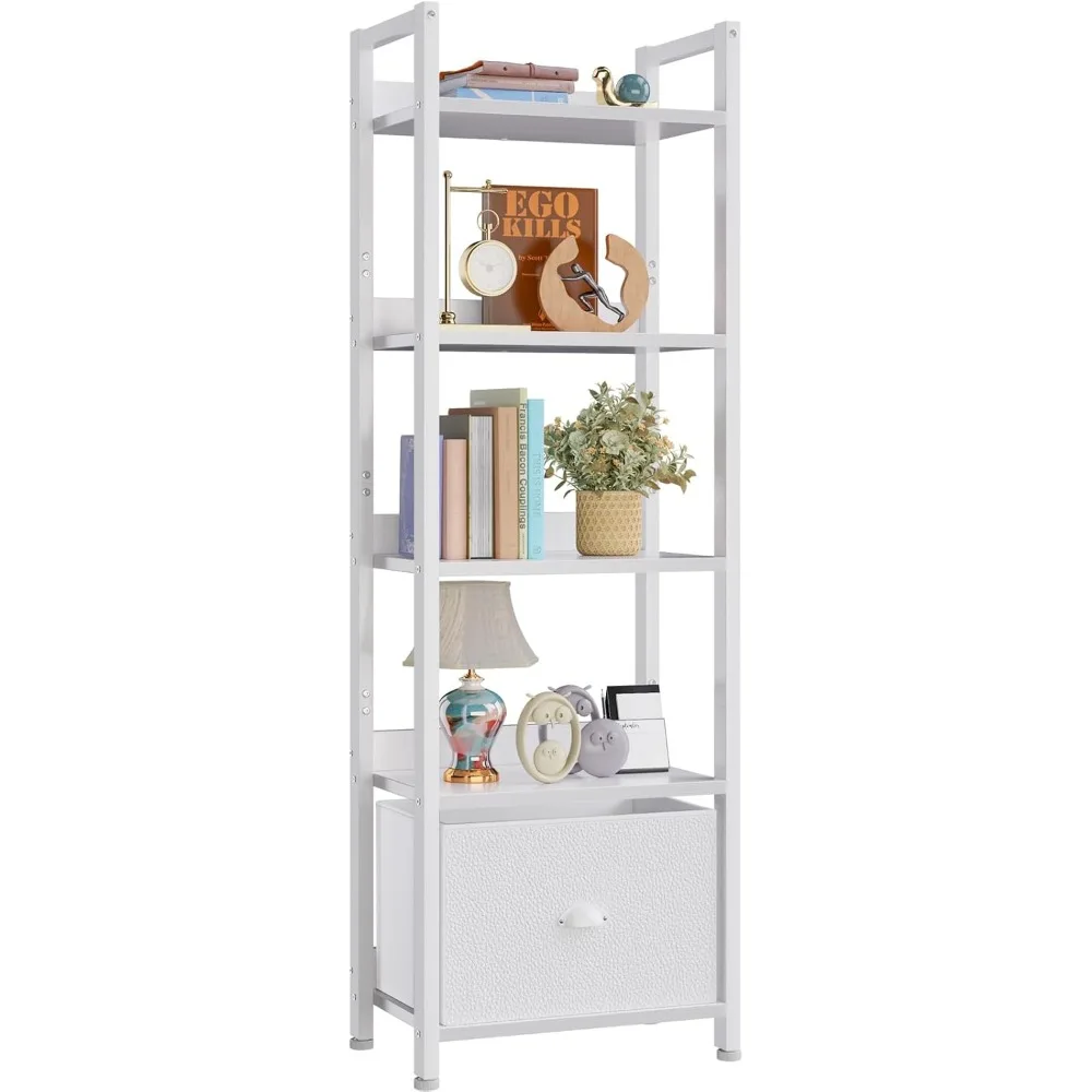 

5 Tier Bookshelf with Drawer, Tall Narrow Bookcase with Shelves, Wood and Metal Book Shelf Storage Organizer, Modern D