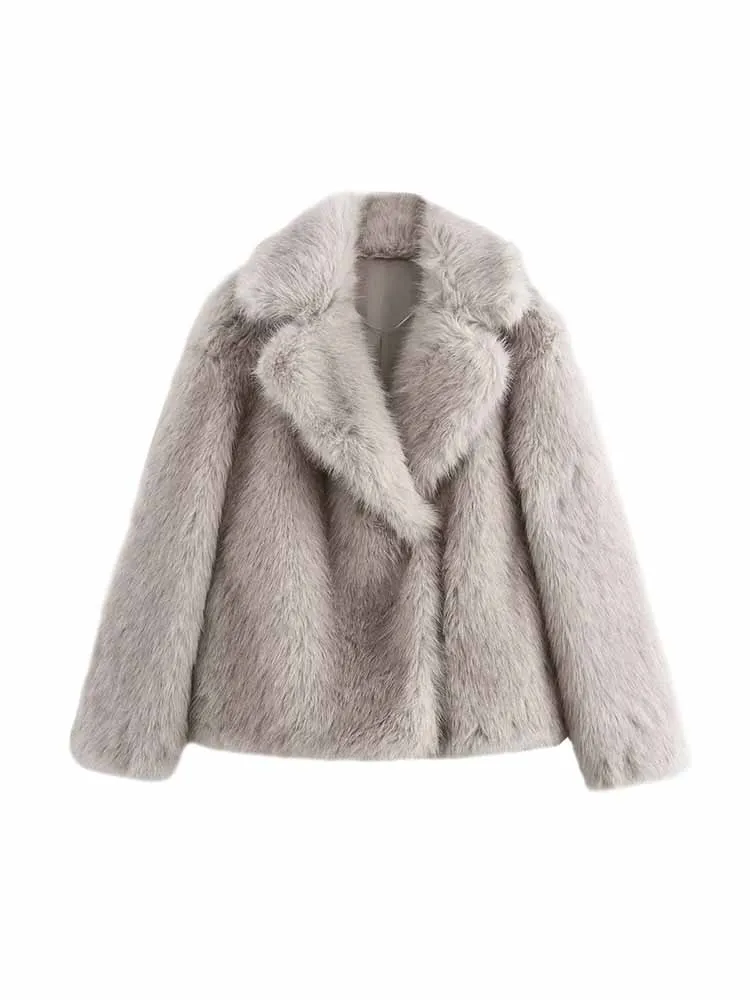 

New autumn and winter European and American lapel long sleeves concealed button side pockets faux fur effect coat