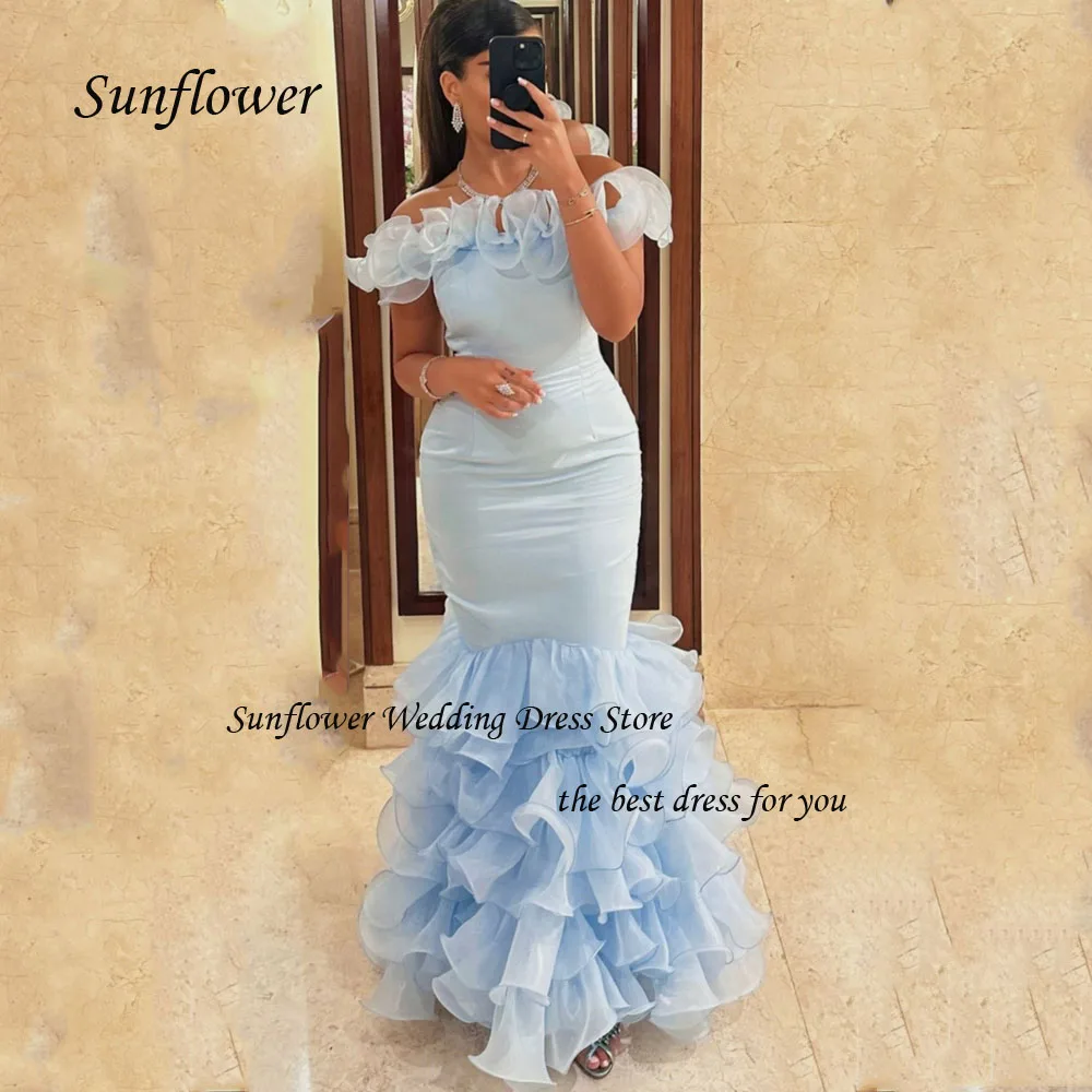 

Sunflower Off the Shoulder Evening Dress 2023 Slim Backless Crepe Tiered Prom dress Short Sleeves Mermaid Floor-Lengt Pary Dress