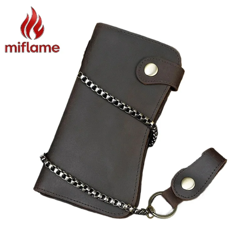 

Men's Luxury Wallet Purse Crazy Horse Leather Chain Anti Theft RFID Blocking Anti Scanning Coin Purse for Security