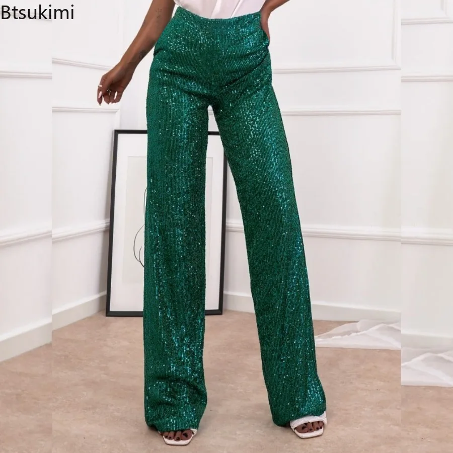 

2024 Women's Sequins Flared Pants Straight Bling Trousers Women Solid High Waist Pants Party Evening Fashion Streetwear Pants