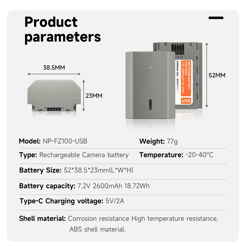 NP-FZ100 NPFZ100 NP FZ100 Battery with Type C Fast Charge for Sony Alpha A7 III A7R III A7R IV A9 A6700 A6600 A7M4 A7M3 A7C A7S3