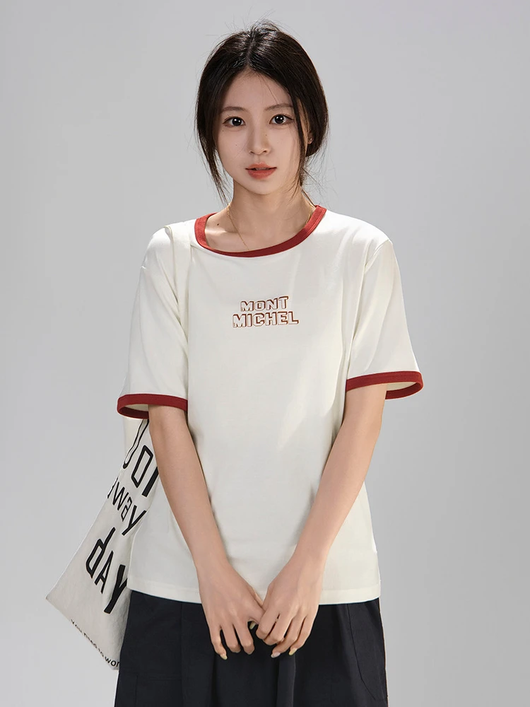 

Artisanal Short Sleeve T-Shirt Women's Summer Cotton Polyester Blend Printed Collar Color Block College Style Short Length