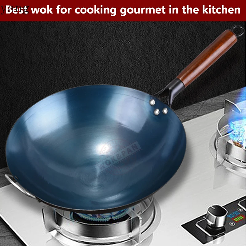 Traditional Chinese Seasoning Iron Wok with Ear,Wooden Handle Uncoated Cooking Wok,Round Bottom Kitchen Cookware for Gas Stoves
