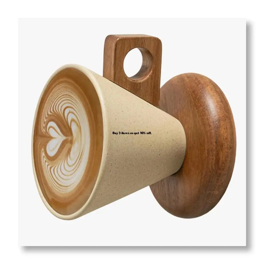 Ceramic Coffee Cup& Wood Base Spoon Set Retro Coffee Mug with Handle Household Exquisite Afternooon Tea Set for Woman