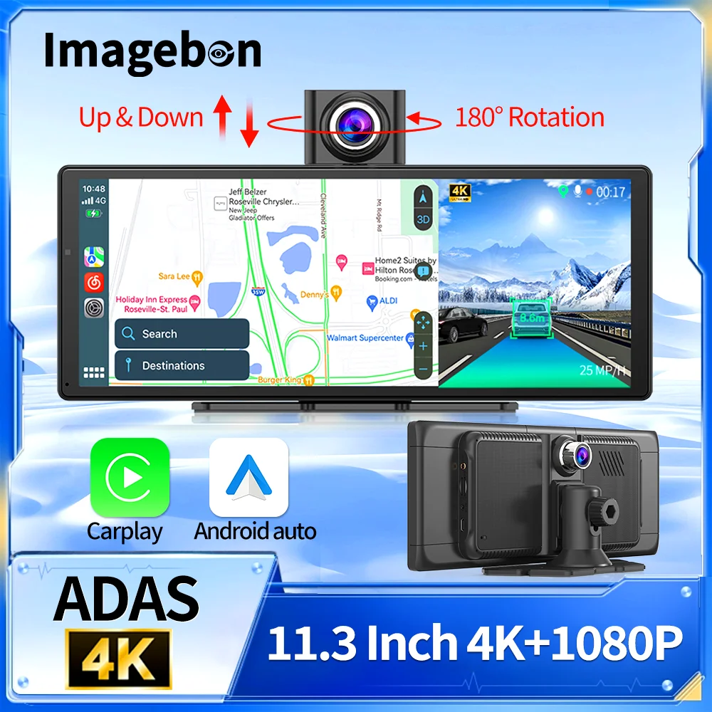 11.3 Inch Imagebon Newest Dash Cam 4K ADAS Wireless CarPlay & Android Auto 3 Channel Recordi Night Vision GPS navigation Car Dvr 