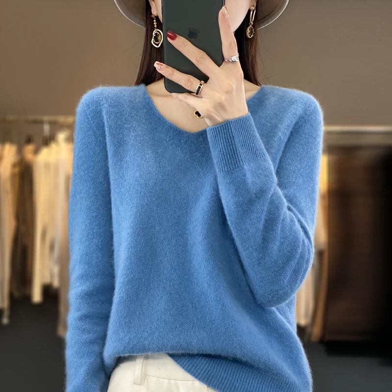 Autumn /winter New 100% Merino Wool Sweater Women V-neck Pullover Casual Fashion Knit Tops Solid Color Regular Female Jacket