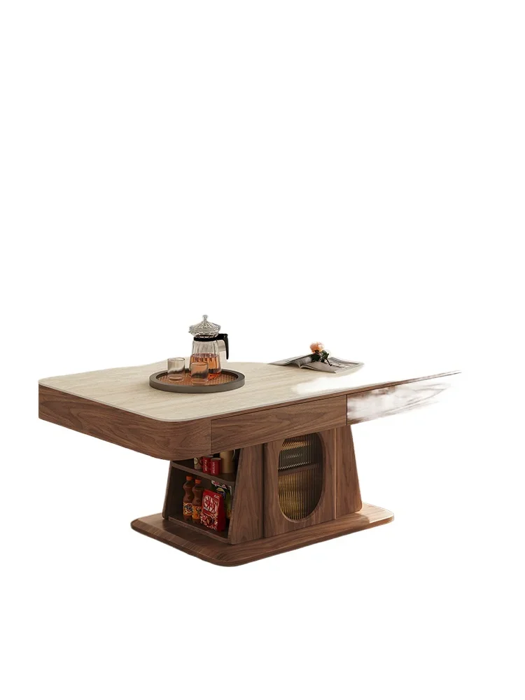 Lifting coffee table dining table dual-purpose two-in-one medieval rock slab multi-functional small apartment walnut color