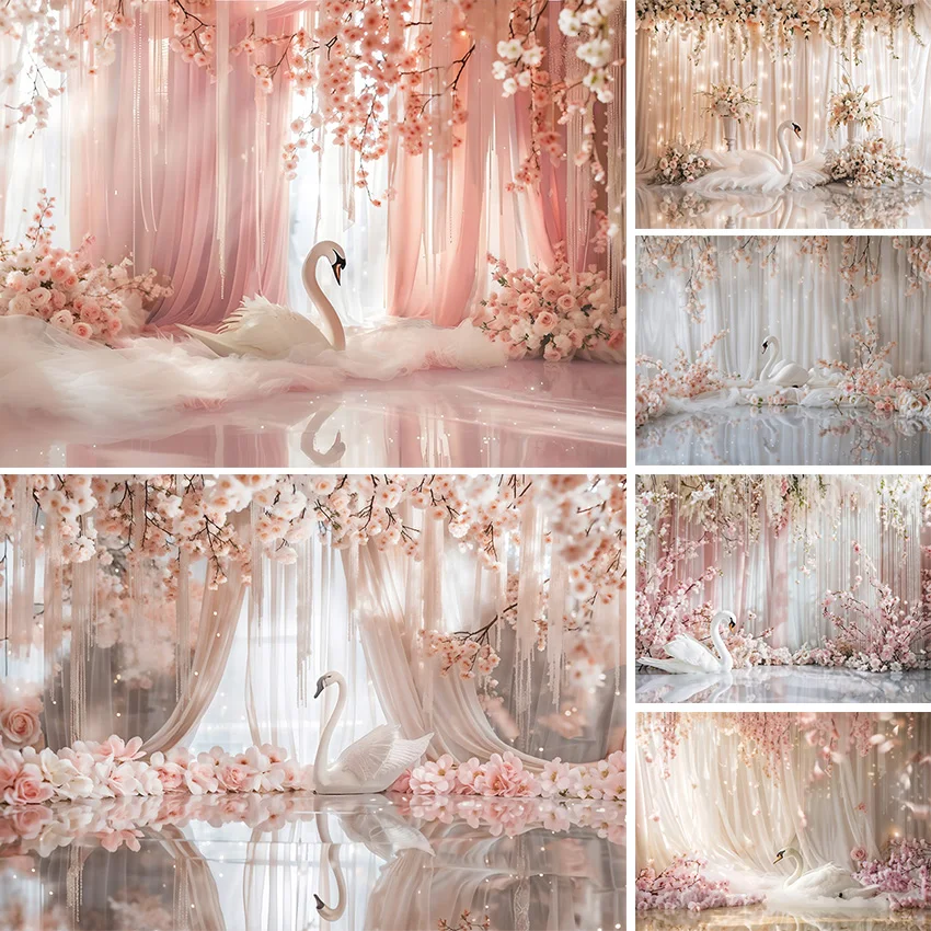 Mehofond Photography Background Pink Curtain Flowers SWAN Indoor Wedding Pregnancy Photo Backdrop Decor Banner Photocall Props