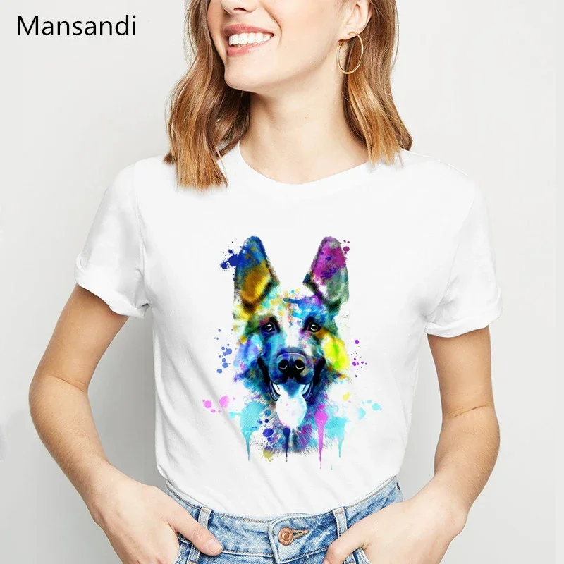 

Watercolor German Shepherd Print Tshirt Women Funny T Shirts Femme My Best Friend Pet Dog Tops Female T-Shirt Streetwear