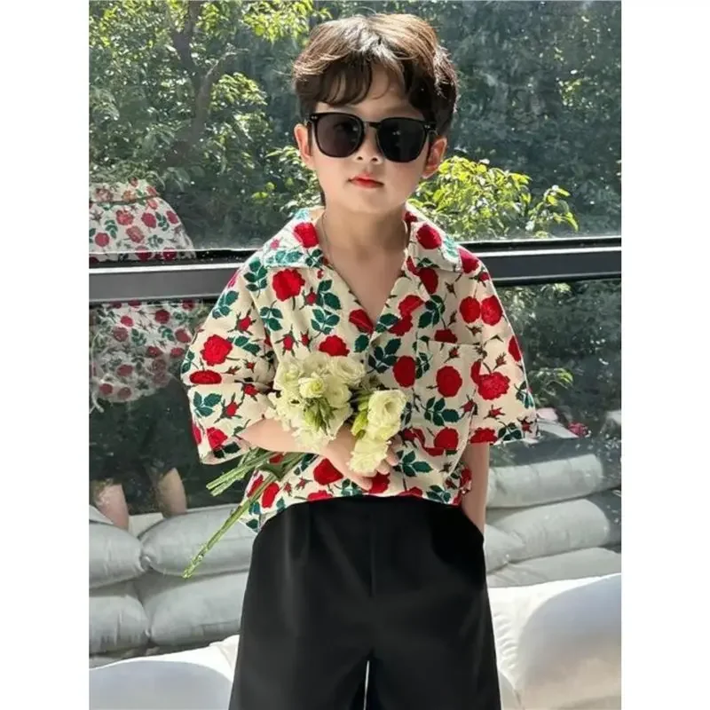 

2-9T Kids Boys Clothes Floral Pattern Boy Cotton Blouse Shirt + Short 2pcs Outfits Boy Summer Party Birthday Handsome Clothing