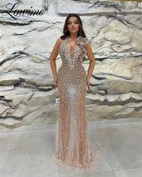 Brown Crystals Mermaid Party Dress Sexy Wedding Annversary Evening Gowns 2024 Halter Backless Mermaid Prom Dresses Arabic Robes