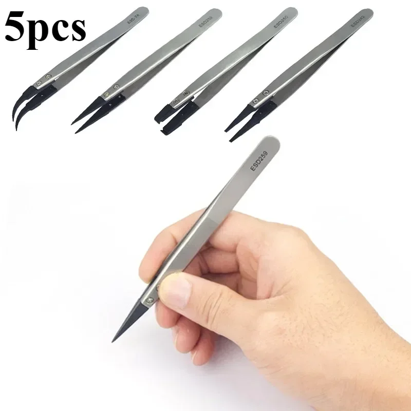 

5PC Watch Hands Installation Work Tweezers Straight Elbow Handle Stainless Antistatic Plastic Tweezers ESD-259 ESD-259A ESD-7A