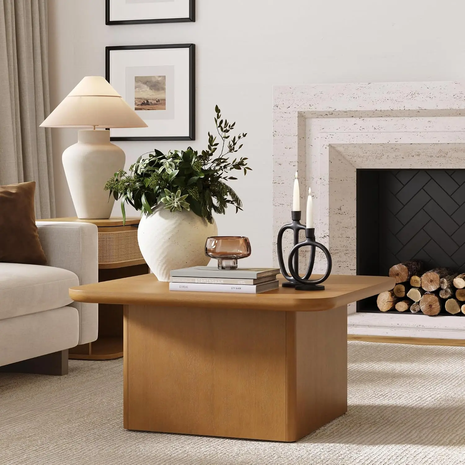 Organic Modern Solid Wood Square Coffee Table Pedestal Base Accent Center Table With Soft Rounded Edges For Living Room Apartment Home Decor, Light Brown