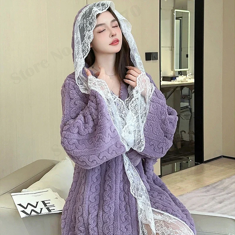 Sweet Sexy Lace Nightgown Coral Fleece Thick Long Robe Winter New Warm Sleepwear Female Lingerie Hooded Kimono Bathrobe Gown