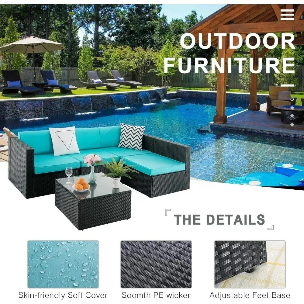 5 Pieces Outdoor Furniture Rattan Sectional Patio Sofa,  Garden Poolside Balcony Wicker Conversation Set with Table Garden Sofas