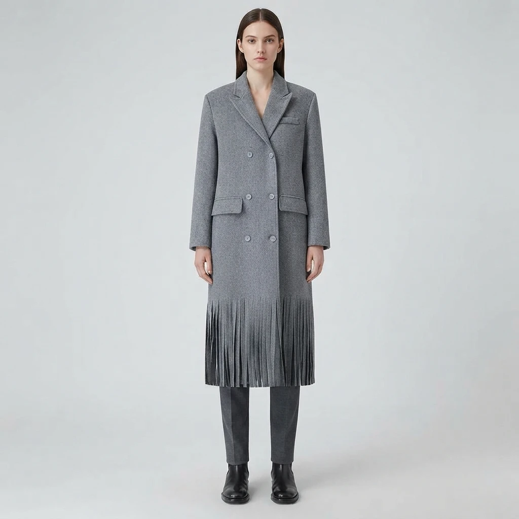 2026 autumn and winter high-end commuting style fashionable fringed hem double-breasted woolen long coat