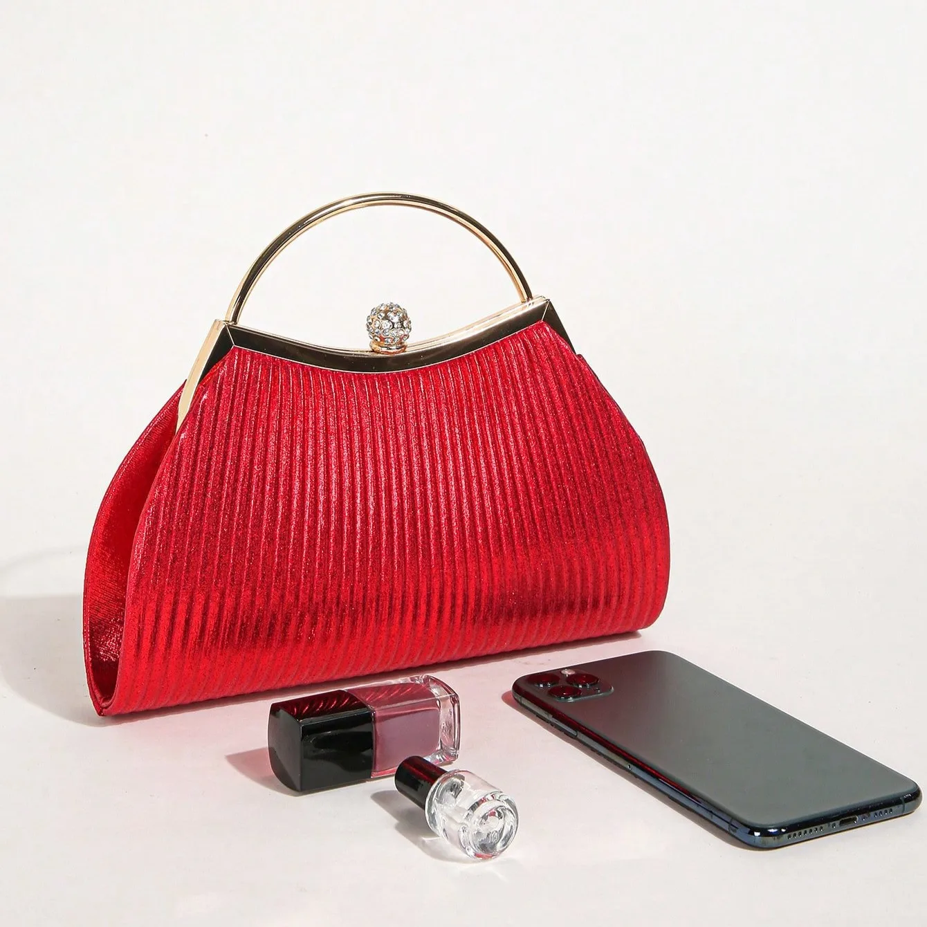 1 pc geraffte Abend tasche für Frauen, Top Ring Clutch Geldbörse, Strass Dekor Handtaschen für Hochzeit Abschluss ball Abendessen – Detail 6