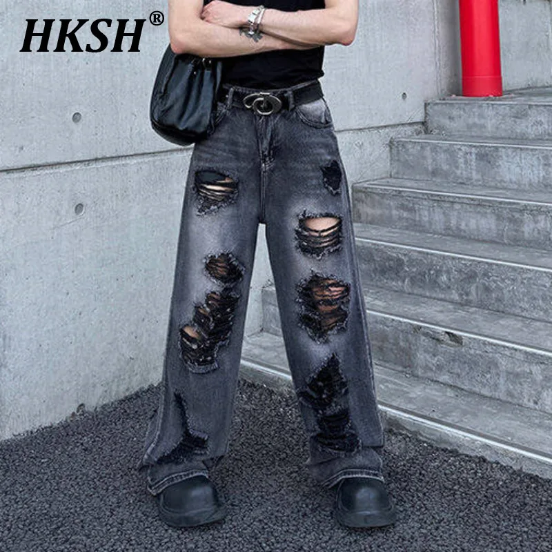 

HKSH 2025 Spring Summer New Trendy Men's Punk Ripped Jeans Hip-hop Ins High Street Handsome Loose Chic Tide Denim Pants HK4558