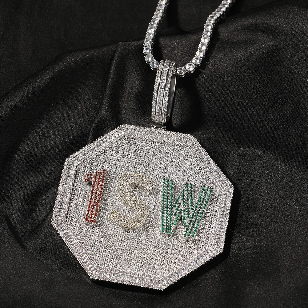 TBTK Octagon Nameplate Pendant Necklace for Men Iced Out Round CZ Stones Pendant Charms Fashion HipHop Jewelry for Gift