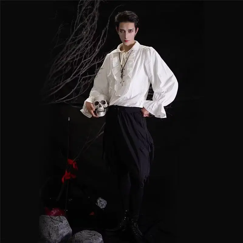 Halloween Costumes Men Medieval Court Style Long Sleeve Shirt Drawstring Fashion Casual Elegant Vampire Cosplay Tops Black White