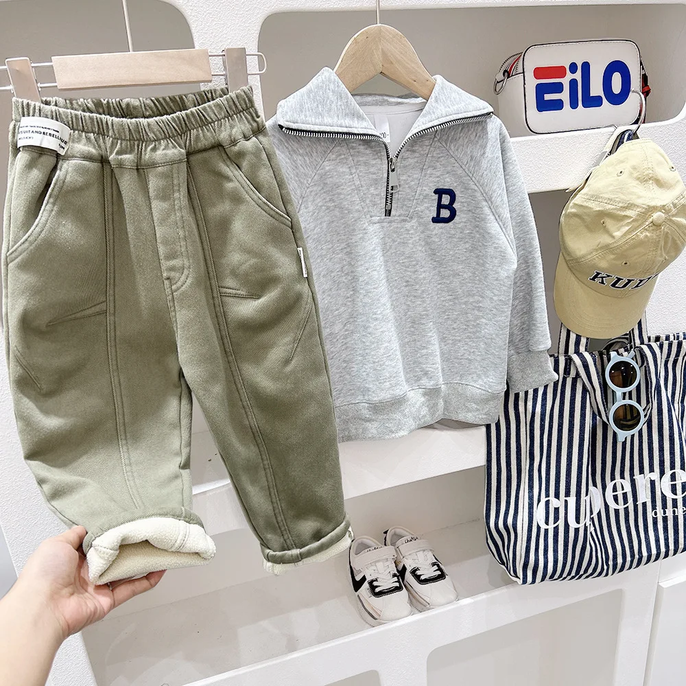 Autumn Winter 2024 Kids Boys Pants Thick Casual Plush Solid Warm Children Boys Pants Trend 3-10 Years Booys Trousers