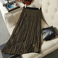 ZJYT Elegant Ladies Autumn Winter Sequined Midi Skirt for Women Elastic Waist Pleated Skirts Party Casual Faldas Female Green