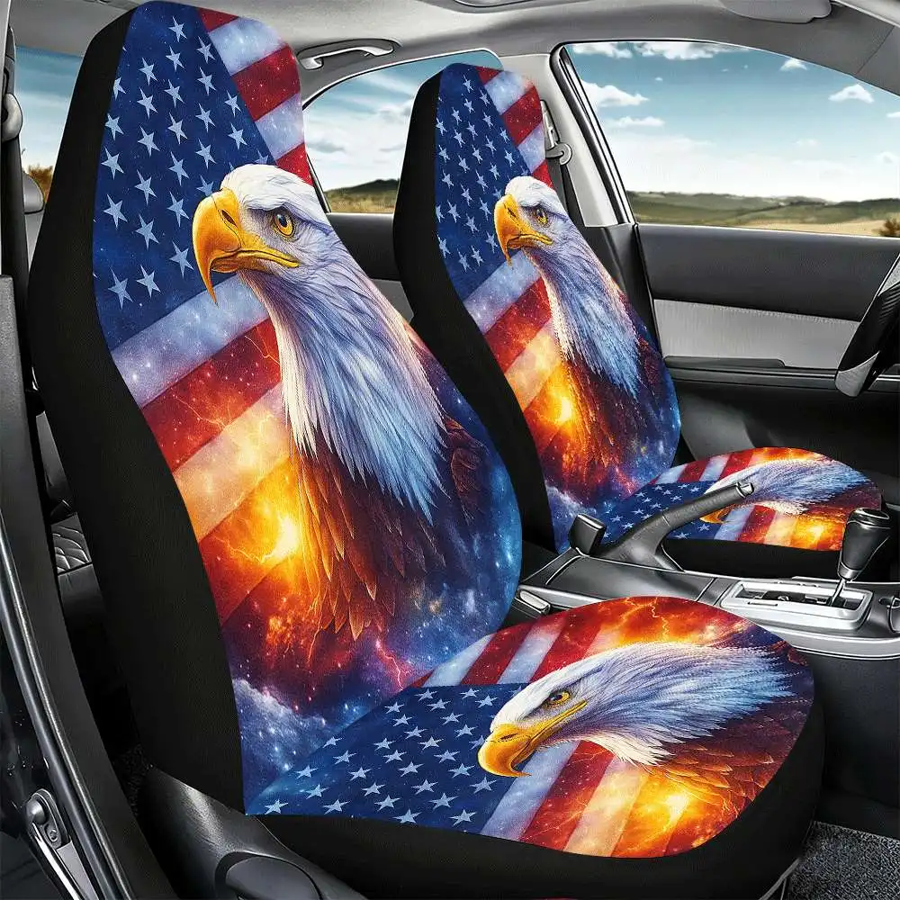 Set Of 2 American Flag Bald Eagle Car Seat Covers Designed For Front Seats, Featuring A High Back Design Made Of Polyester, Comp