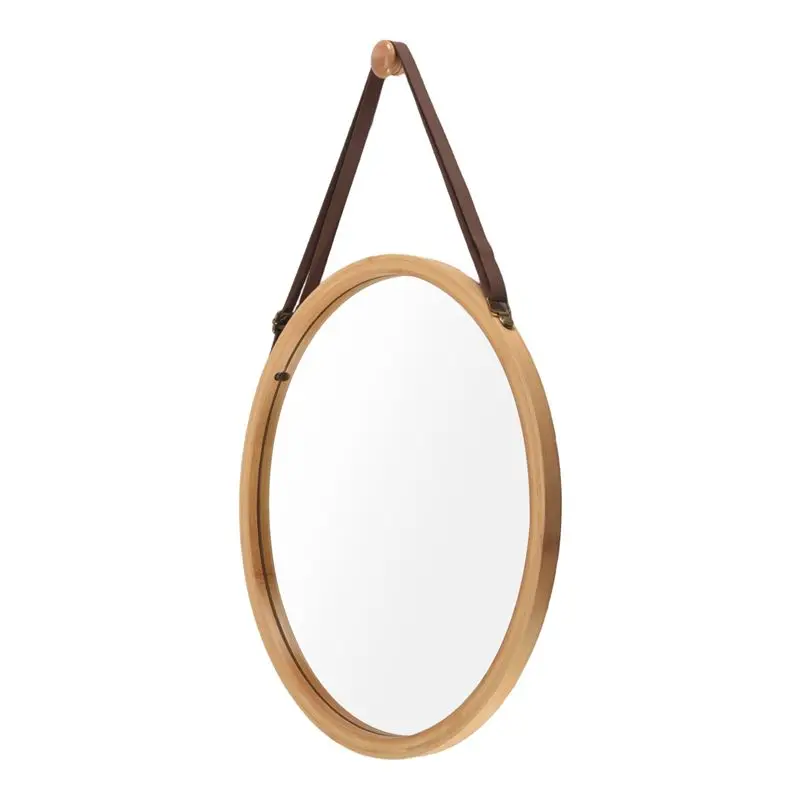NEW HOT In Stock-Hanging Round Wall Mirror In Bathroom & Bedroom - Solid Bamboo Frame & Adjustable Leather Strap