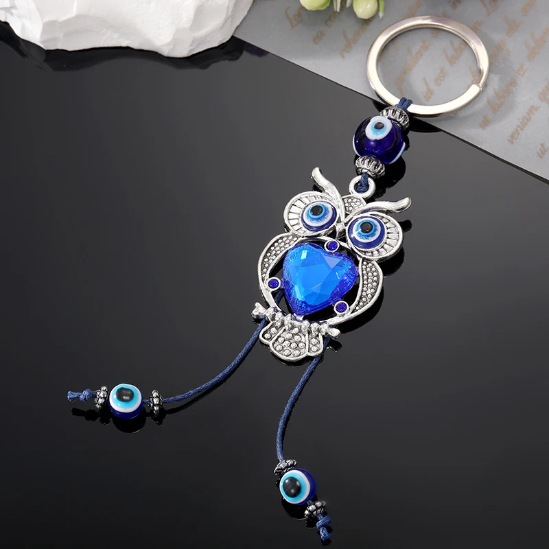 Crystal Blue Evil Eye Owl Animal Keychain Keyring For Women Men Glass Trendy Retro Turkish Lucky Eye Bead Tassel Bag Car Jewelry