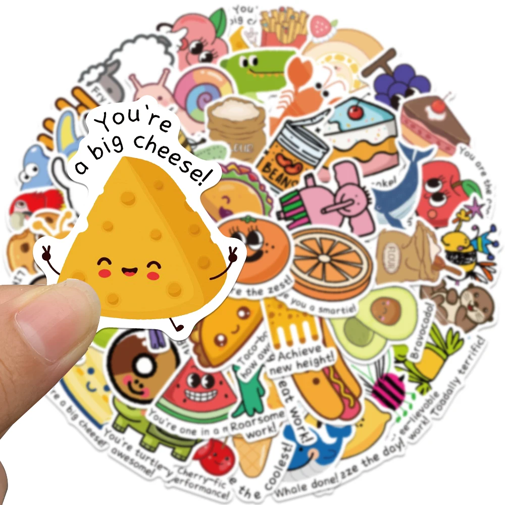 50pcs Funny Cartoon Food Animal Stickers For Kids Adults Student Reward Decals For Laptop Water Bottle Diary Vinyl Stickers