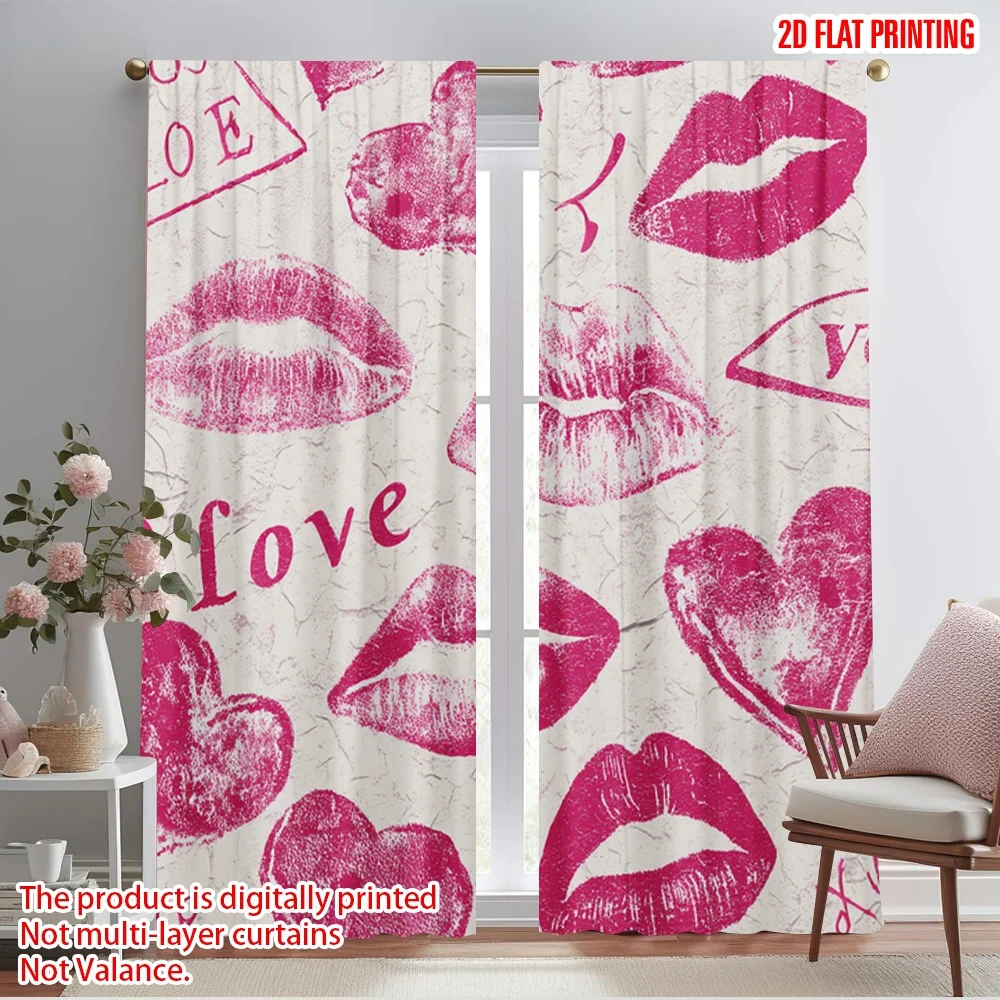 2pcs,2D plane printing Curtains&Window Treatment Pink Lips and Hearts Polyester Easy Install (without rod) Versatile All Use for