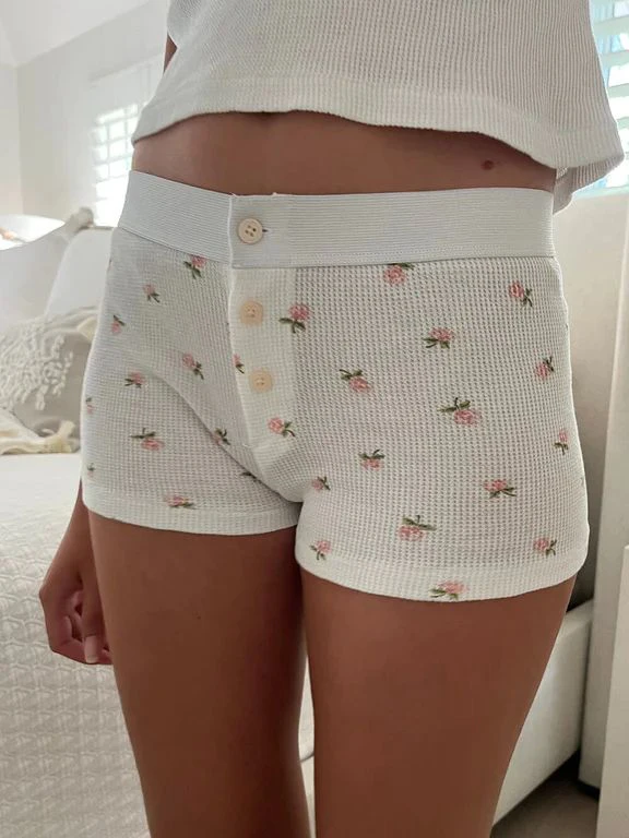 

Patchwork Floral Print Waffle Shorts Women Elastic High Waist Buttons Straight Short Pants Sweet Girls Summer Home Underwear Y2k