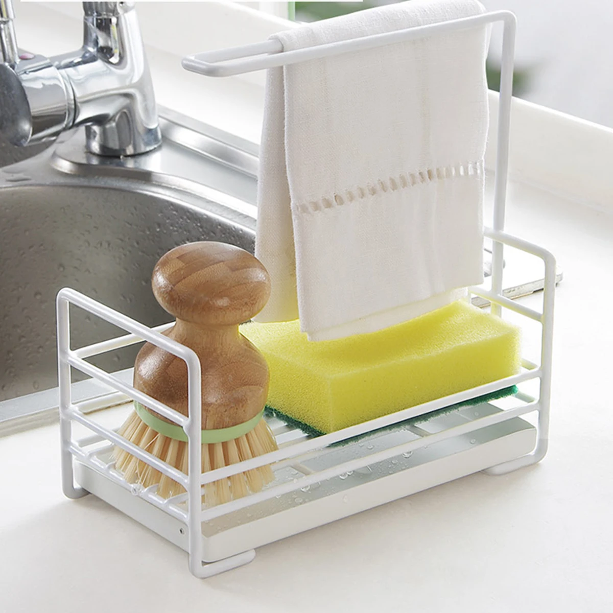 

Drain Rack for Kitchen Sink Sponge Holder Small Space Organizer Premium Material Countertop Storage Shelf Hooks