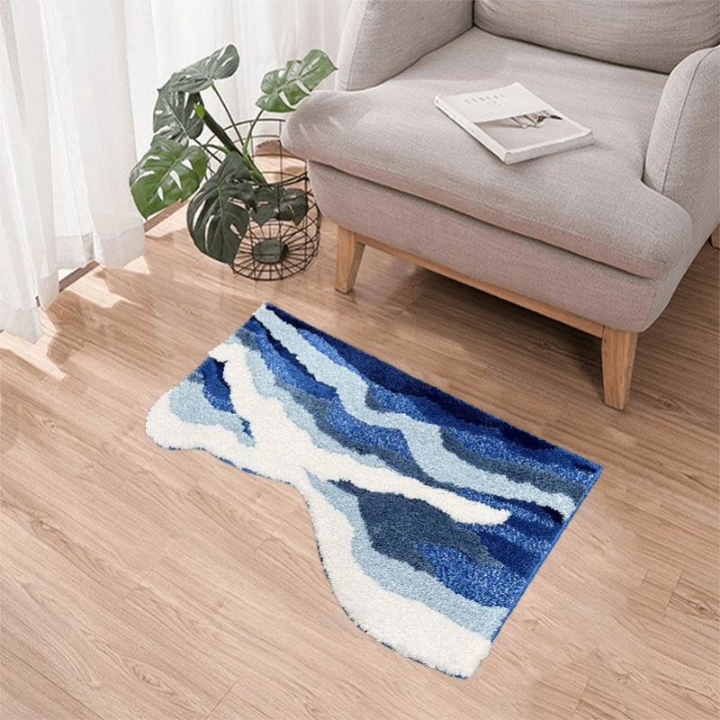 Flocking Shaped Living Room Household Ins Wind Light Blue Wave Anti Slip Dirty and Washable Bedside Carpet Floor Mat