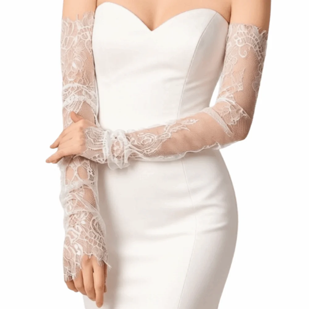 Flower Pearls Decoration Fingerless Lace Gloves Ruffle Edge Mesh Bridal Arm Sleeves Solid Color Thin Wedding Gloves Cosplay