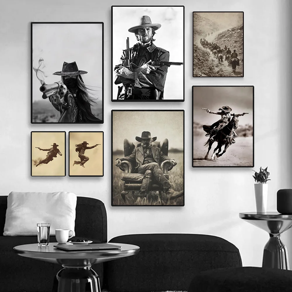 1 Pcs Legendary Western Triggerman Decor Painting - Gritty Revolver Shoot & Tobacco Portrait in Black & Sepia, Frameless
