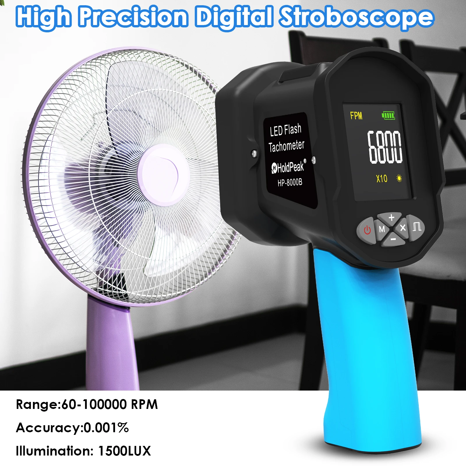 Digital Handheld Stroboscope 60-99999 FPM Non Contact Strobe Tachomete High Accuracy 0.001% Rechargeable LED Flash Tachometer