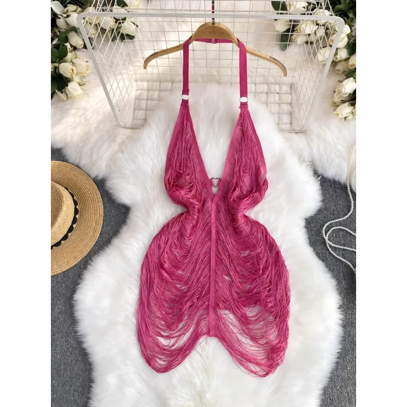 Vestido corto con tirantes para mujer, minivestido Sexy de lana con cuello en V profundo, cuello Halter y borlas, para playa y verano